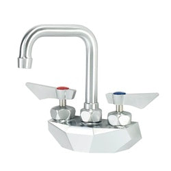 Chrome wall-mount faucet with double bend gooseneck spout and two handle controls.