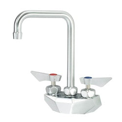 Chrome wall-mount faucet with tall gooseneck spout, two wing handles, and basin underneath.