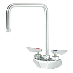 Wall-mounted faucet with 4-inch center, double bend gooseneck, and dual lever handles in chrome finish.