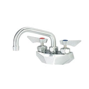 Wall mount faucet with dual handles, curved spout, and chrome finish on white basin.