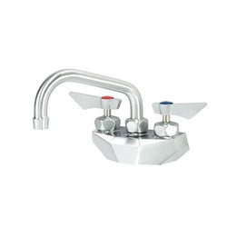 Wall mount faucet with dual handles, curved spout, and chrome finish on white basin.