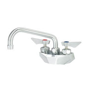 Chrome wall-mount faucet with curved spout, dual handles, and mounting hardware included.