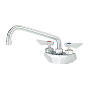 Chrome wall-mount faucet with dual handles, 10-inch spout, and mounting hardware included.