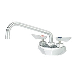 Chrome wall-mount faucet with dual handles, 10-inch spout, and mounting hardware included.