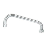 Brushed satin curved spout with threaded connection ports at both ends.