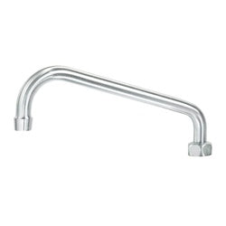 Brushed satin curved spout with threaded connection ports at both ends.