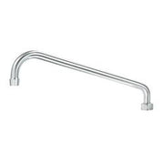 Brushed satin curved faucet spout with dual outlet ports, 14 inches long.