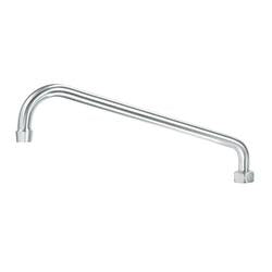 Brushed satin curved faucet spout with dual outlet ports, 14 inches long.