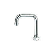 Brushed satin gooseneck faucet spout with double bend design and chrome finish.