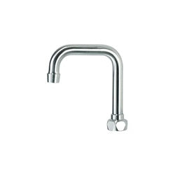 Brushed satin gooseneck faucet spout with double bend design and chrome finish.