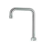 Brushed satin gooseneck faucet spout with double bend design and chrome base connection.