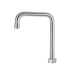 Brushed satin gooseneck faucet spout with double bend design and chrome base connection.