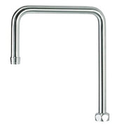 Brushed satin gooseneck faucet spout with double bend design and connection ports at base.