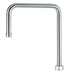 Brushed satin gooseneck faucet spout with double bend design and connection ports at base.