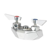 Stainless steel wall mount faucet base with dual handles and soap dispenser on white sink deck.