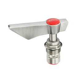 Stainless steel faucet valve with red ceramic handle and wide curved spout attachment.