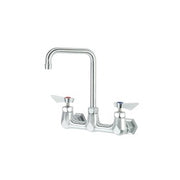 Chrome wall-mount faucet with double bend spout and dual lever handles.