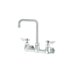 Chrome wall-mount faucet with double bend spout and dual lever handles.