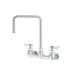 Chrome wall-mount faucet with 8-inch center spacing, double bend spout, and lever handles.