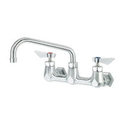 Chrome wall-mount faucet with curved 8-inch spout, dual handles, and square base plates.