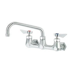 Chrome wall-mount faucet with curved 8-inch spout, dual handles, and square base plates.