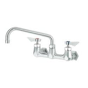 Chrome wall-mount faucet with curved spout, dual handles, and mounting hardware included.