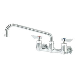 Chrome wall-mount faucet with 12-inch curved spout and dual handles with wing grips.