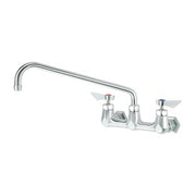 Chrome wall mount faucet with long curved spout and two handles.