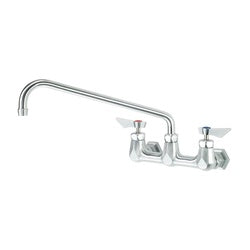 Chrome wall mount faucet with long curved spout and two handles.