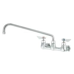 Chrome wall-mount faucet with dual handles and curved 16-inch spout.