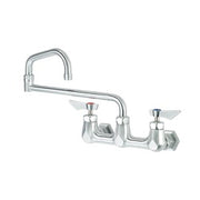 Chrome wall-mount faucet with high arched spout, dual handles, and mounting hardware included.