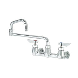 Chrome wall-mount faucet with high arched spout, dual handles, and mounting hardware included.
