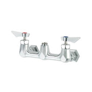 Chrome wall-mount faucet base with two handles and curved spout, 8-inch center configuration.