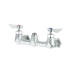 Chrome wall-mount faucet base with two handles and curved spout, 8-inch center configuration.