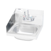 Stainless steel wall-mounted sink with left side splash guard and faucet holes.