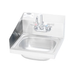 Stainless steel wall-mounted sink with left side splash guard and faucet holes.