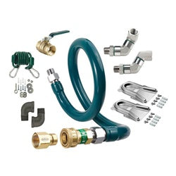 Krowne gas connector kit with teal hose, brass fittings, swivels, casters, and mounting hardware displayed on white backgroun