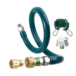 Green coiled gas connector hose with brass fittings, quick disconnect coupling, and metal restraining cable kit components.