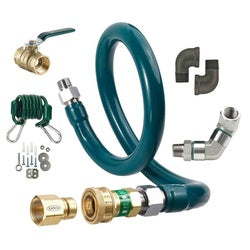 Gas connector kit with brass fittings, teal hose, ball valve, swivel connector, and metal elbows.