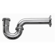 Chrome P-trap plumbing pipe with curved bend and wall-mounted flange connection.