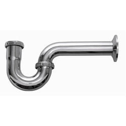 Chrome P-trap plumbing pipe with curved bend and wall-mounted flange connection.