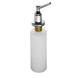 Chrome and brass deck-mounted soap dispenser with white cylindrical bottle reservoir.