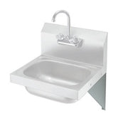 Stainless steel wall-mounted hand sink with curved faucet and side support bracket.