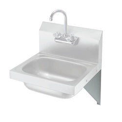 Stainless steel wall-mounted hand sink with curved faucet and side support bracket.