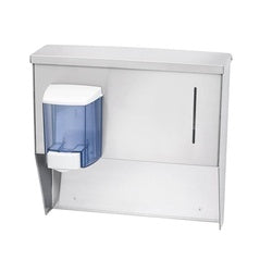 Stainless steel wall-mounted dispenser with blue soap cartridge on left and towel slot on right side.