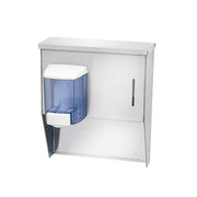 Stainless steel wall-mounted dispenser with blue soap pump and paper towel compartment.