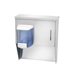 Stainless steel wall-mounted dispenser with blue soap pump and paper towel compartment.