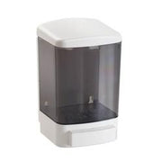 Wall-mounted soap dispenser with white top and base, translucent gray reservoir, and push-button pump mechanism.