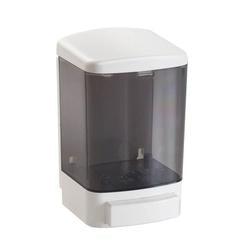 Wall-mounted soap dispenser with white top and base, translucent gray reservoir, and push-button pump mechanism.