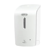 White wall-mounted automatic soap dispenser with sensor activation and clear liquid level window.